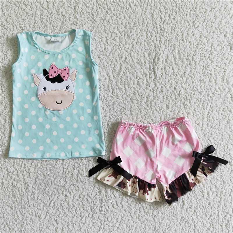 summer girls outfits embroidery cow top & shorts kids clothes