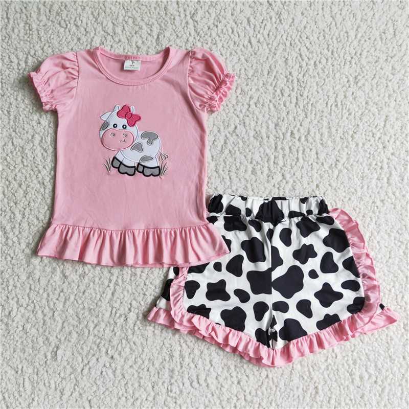 summer girls outfits embroidery cow top & shorts kids clothes