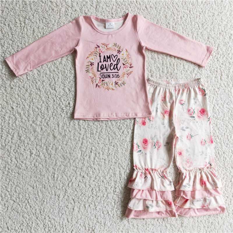 GLP0336 Girls loved pink long-sleeved white floral trousers suit