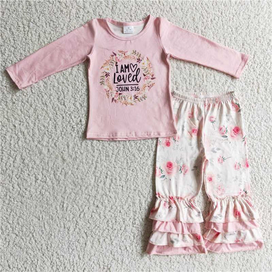 GLP0336 Girls loved pink long-sleeved white floral trousers suit