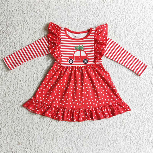 GLD0145 Girls Christmas car red striped polka dot long sleeve dress