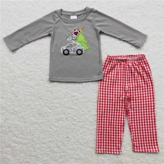 BLP0135 Boys Embroidered Santa Claus Car Tree Grey Long Sleeve Red Pants Suit