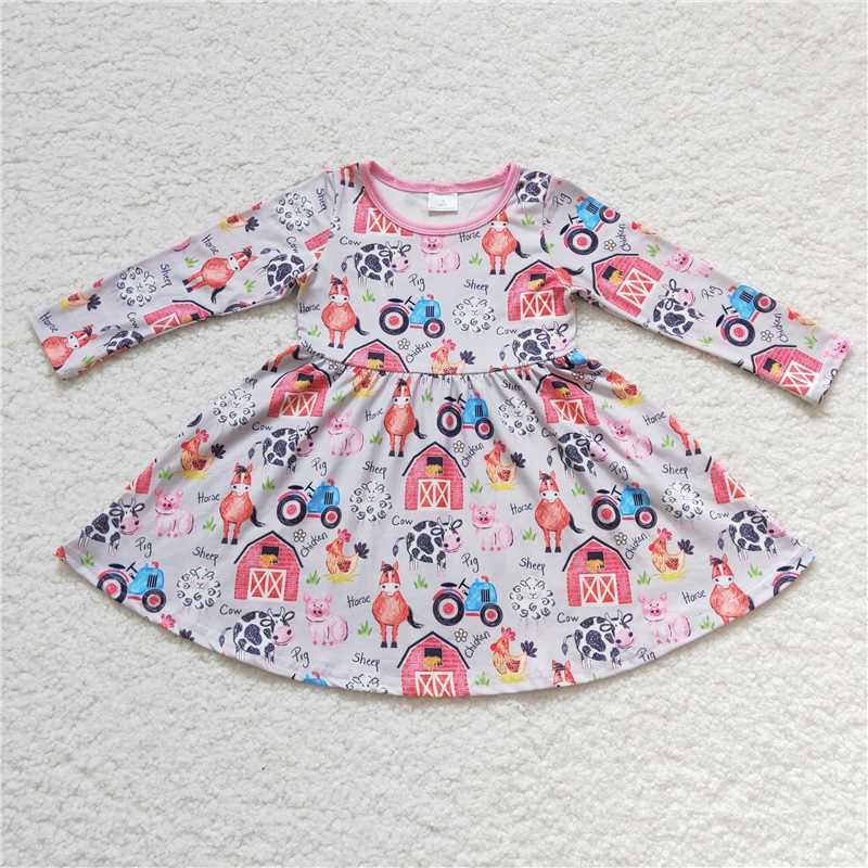 GLD0151 Girls farm cow horse pig chicken long sleeve dress