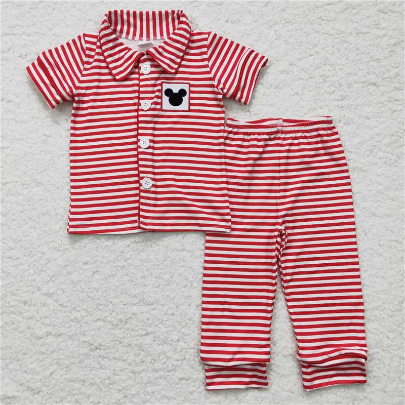 BSPO0040 Boys Embroidered Mickey Red Stripe Button Short Sleeve Pants Set