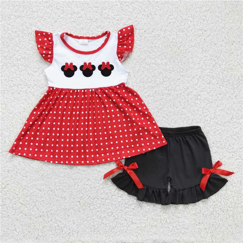 girls summer sets Embroidered cartoon mouse shirt & shorts outfits