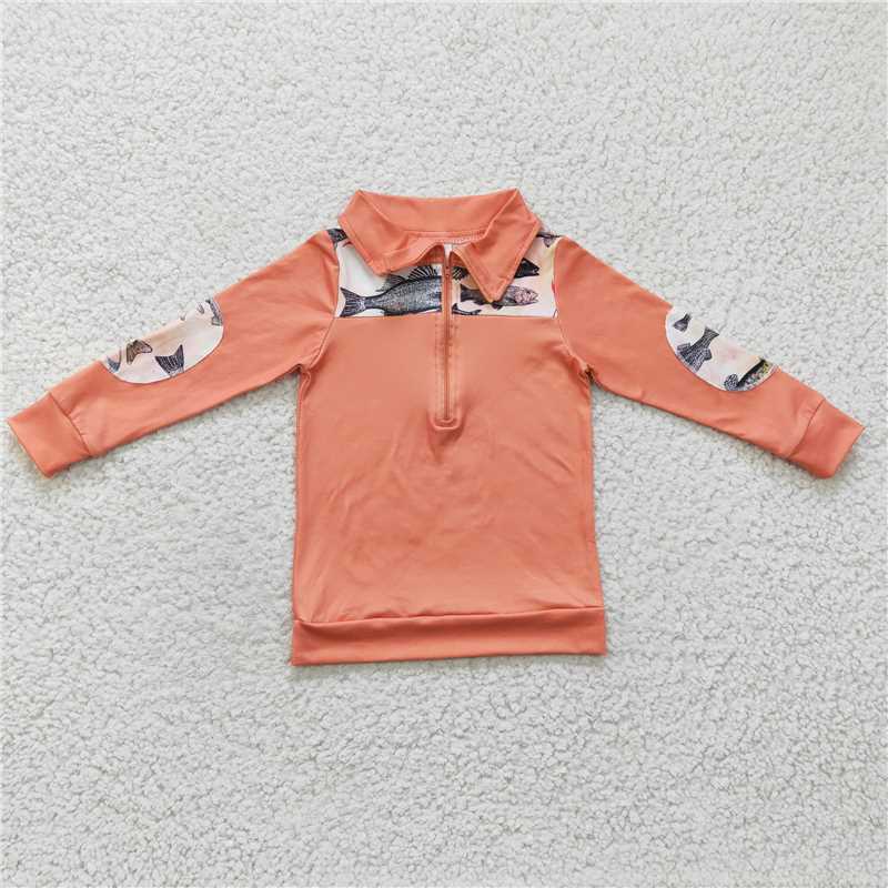 BT0128 Boys fishing orange zip-up long-sleeved top