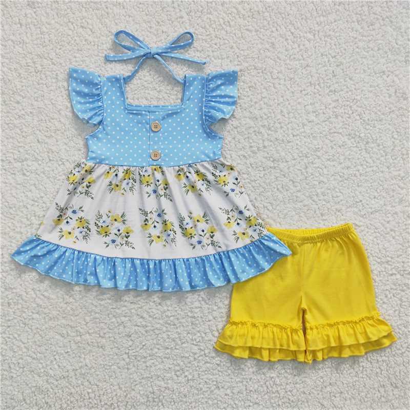 summer girls outfits floral tops & yellow shorts kids clothes