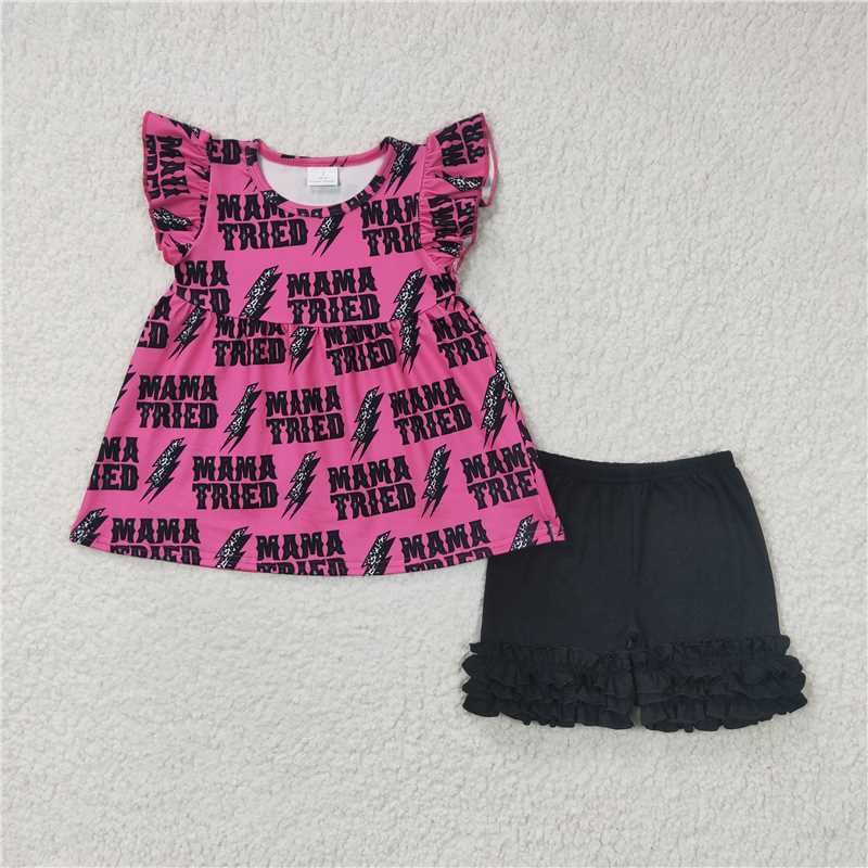 summer girls outfits mama tired tops & blacl shorts kids clothes