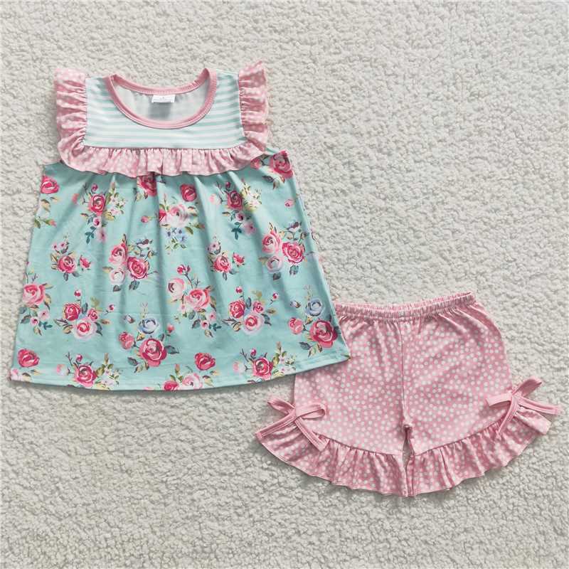 summer girls outfits flower tops & pink shorts kids clothes