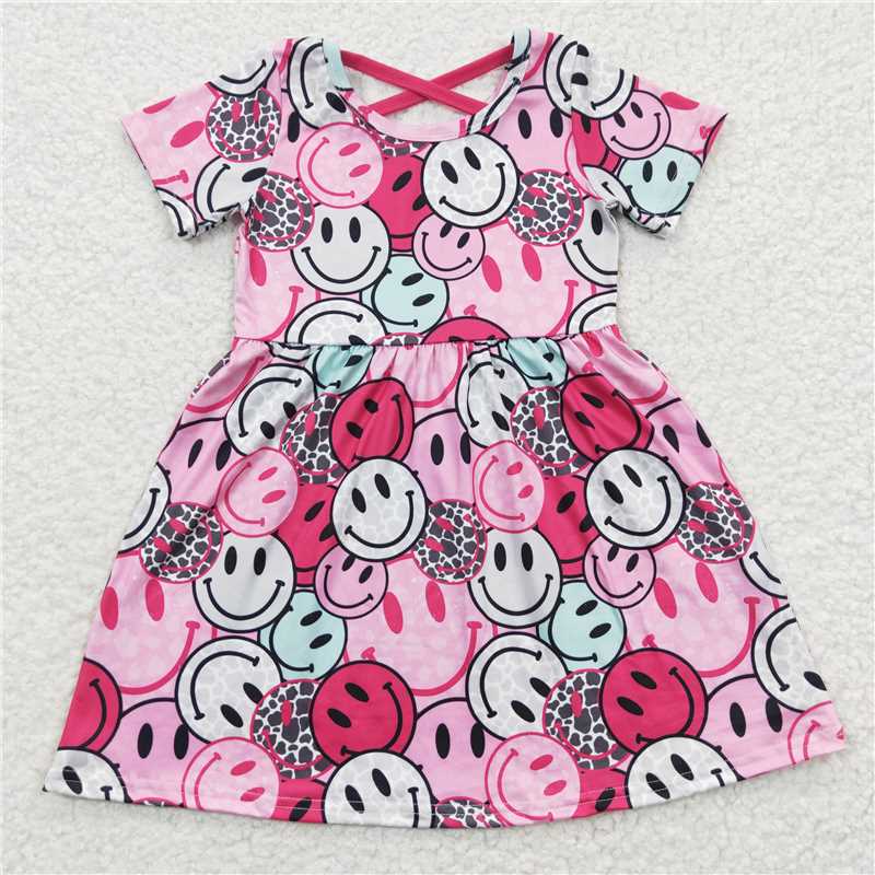 smiley face girls dress short sleeve kids skirts