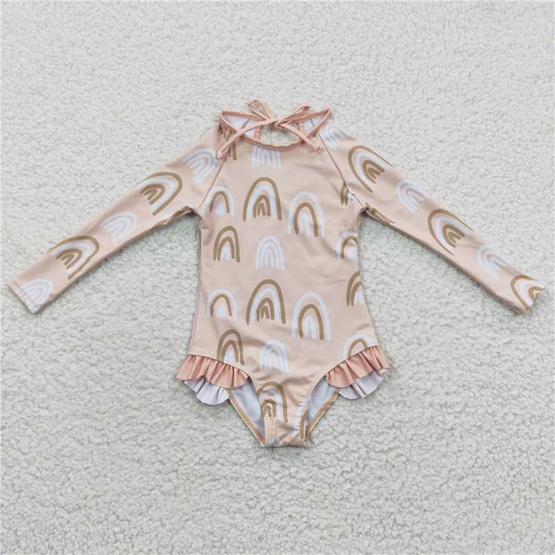 S0086 Rainbow Beige Long Sleeve One Piece Swimsuit