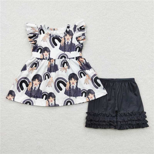 summer girls outfits Wednesday tops & black shorts kids clothes