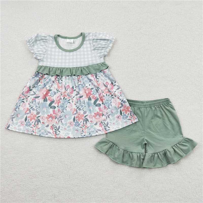 summer girls outfits flower tops & cotton shorts kids clothes