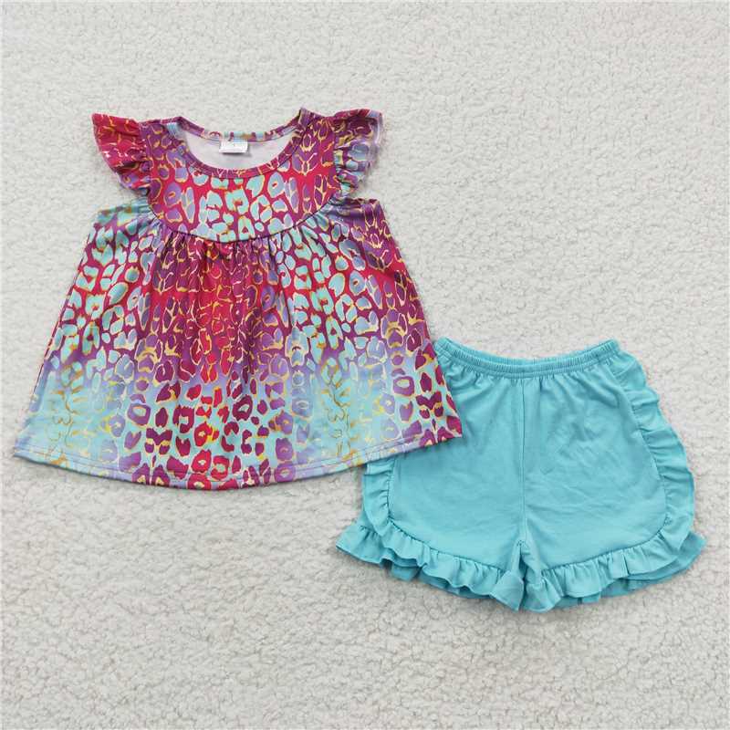 summer girls outfits leopard tops & blue shorts kids clothes