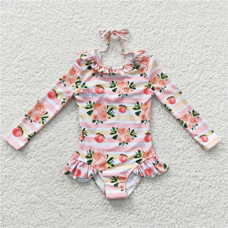 S0139 Peach pink long-sleeved one-piece swimsuit