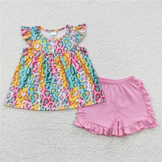 summer girls outfits leopard tops & pink shorts kids clothes