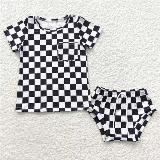 black and white plaid Girls baby bummies sets kids clothes