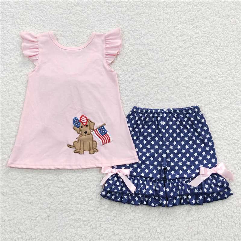 embroidered dogs July 4th girls shorts outfits kids clothes