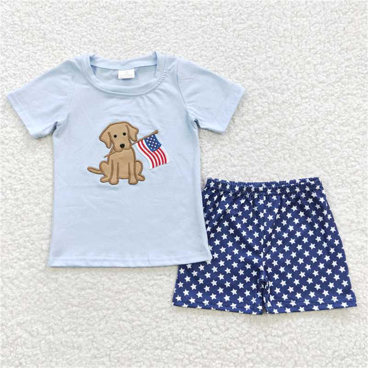 embroidered dogs July4th boys shorts outfits kids clothes