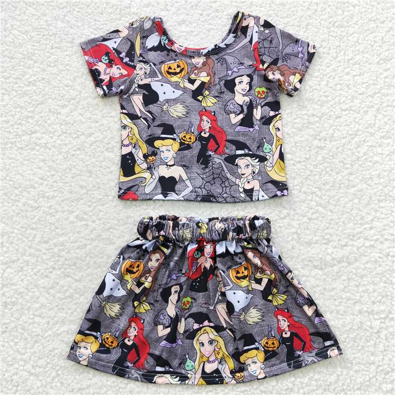 GSD0424 Cartoon Princess Witch Gray Short Sleeve Skirt Suit