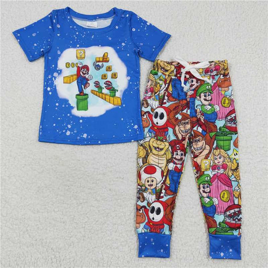 BSPO0142 Cartoon Mario blue short-sleeved trousers suit