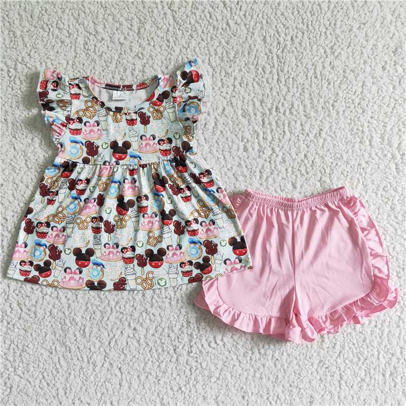 summer girls outfits cartoon mouse tops & pink shorts kids clothes