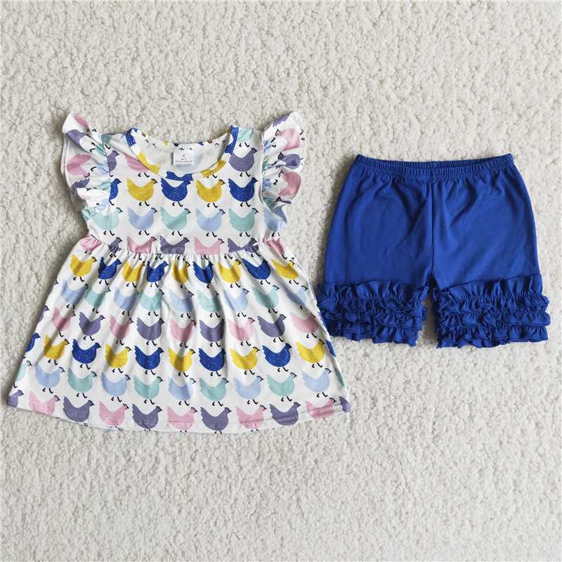 summer girls outfits chicken tops & blue shorts kids clothes