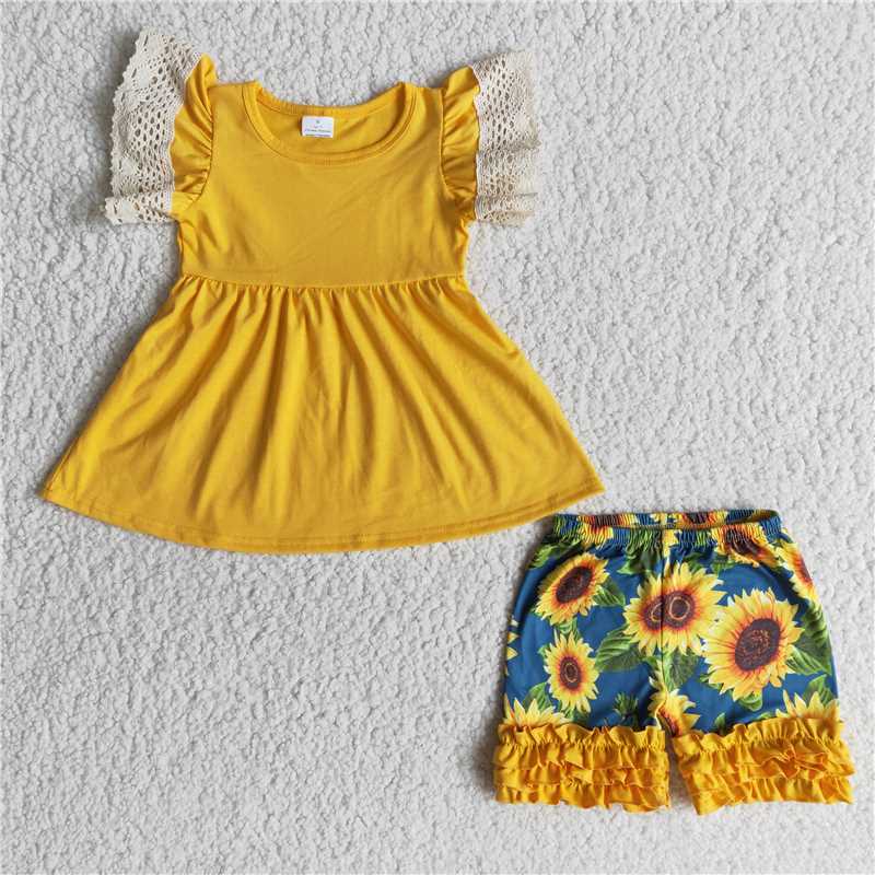 summer girls outfits lace tops & sunflower shorts kids clothes