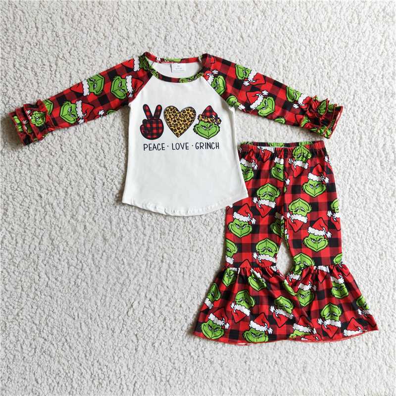 christmas peace love grinch sets t-shirt & bell kids clothing girls outfits