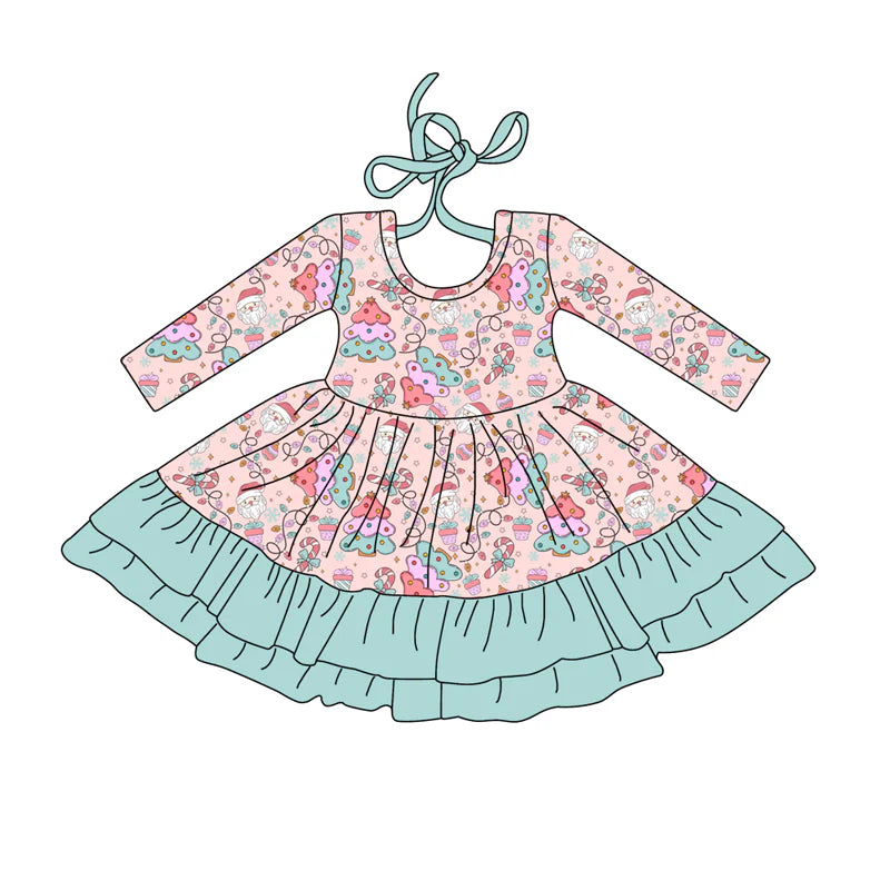 7.23Preorder (moq 5)Baby Girls Long Sleeves Christmas Trees Santa Ruffle Knee Length Dresses