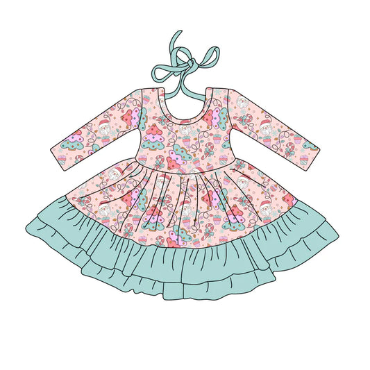 7.23Preorder (moq 5)Baby Girls Long Sleeves Christmas Trees Santa Ruffle Knee Length Dresses