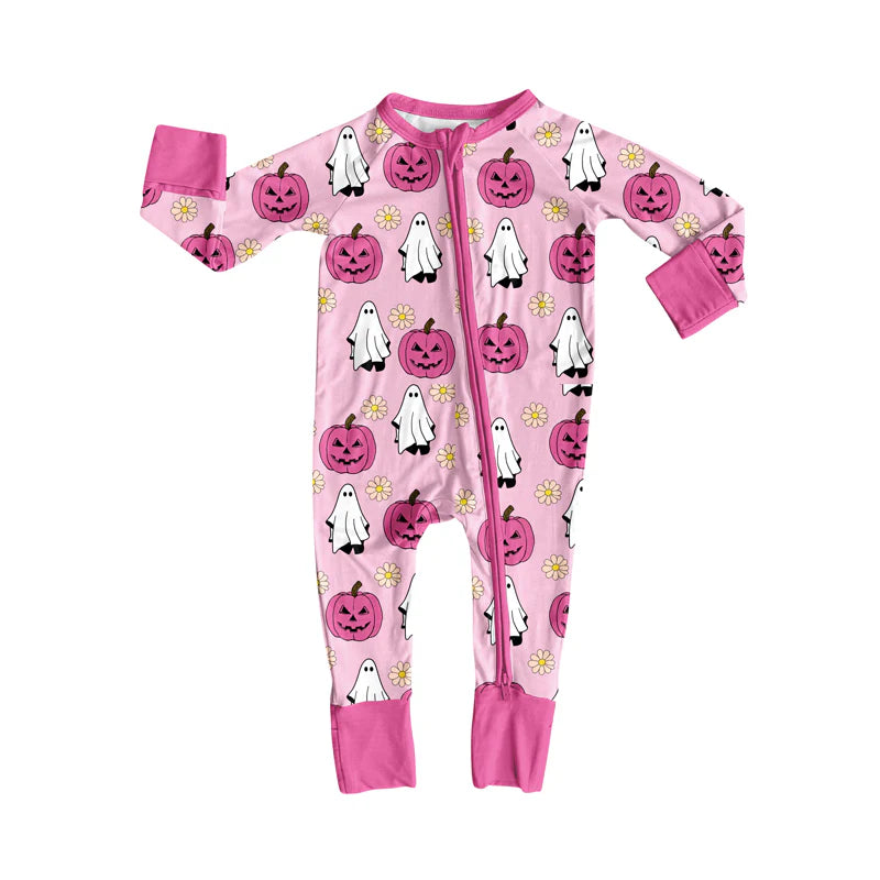 8.4Preorder(moq 5)Baby Infant Girls Pink Ghost Pumpkins Halloween Zipper Rompers