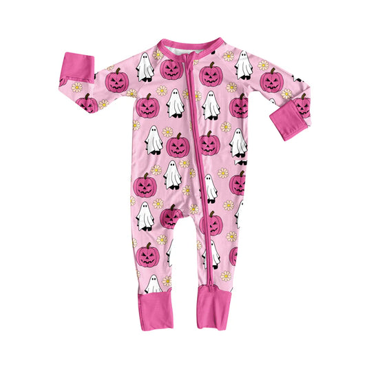 8.4Preorder(moq 5)Baby Infant Girls Pink Ghost Pumpkins Halloween Zipper Rompers