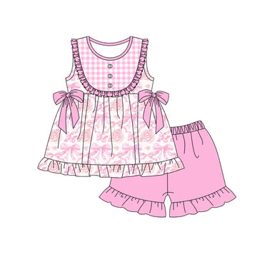 5.24 Pink Plaid Bow Short Sleeve Suit