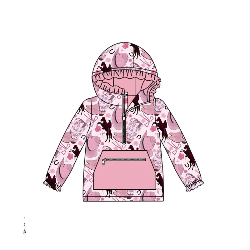 X101Preorder (moq 5)Baby Girls Hats Horse Rodeos Pocket Zipper Western Ruffle Hoodies Top