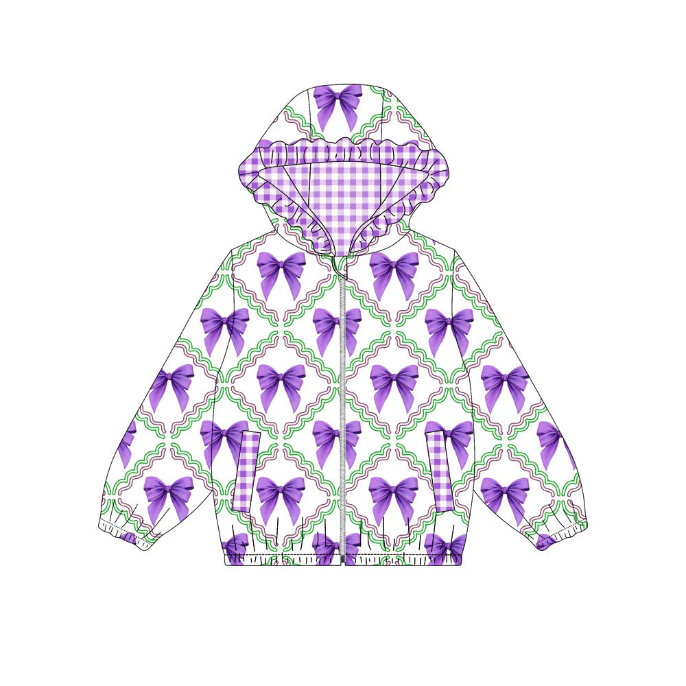X908Preorder (moq 5)Baby Girls Mardi Gras Purple Bows Checked Pockets Zipper Ruffle Hoodies Top