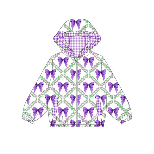 X908Preorder (moq 5)Baby Girls Mardi Gras Purple Bows Checked Pockets Zipper Ruffle Hoodies Top