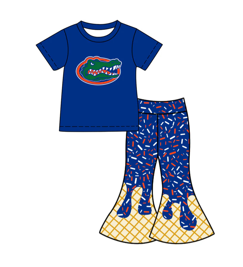 X12.1Preorder (moq 5)Baby Girls Blue Crocodiles Top Drip Sprinkles Bell Bottom Pants Team Clothes Sets