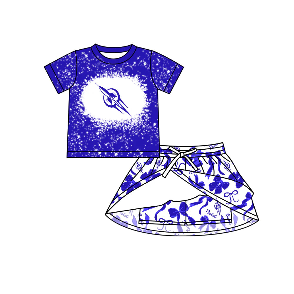 7.1Preorder (moq 5)Baby Boys Blue Short Sleeves Rokets Top Bows Skorts Team Clothes Sets