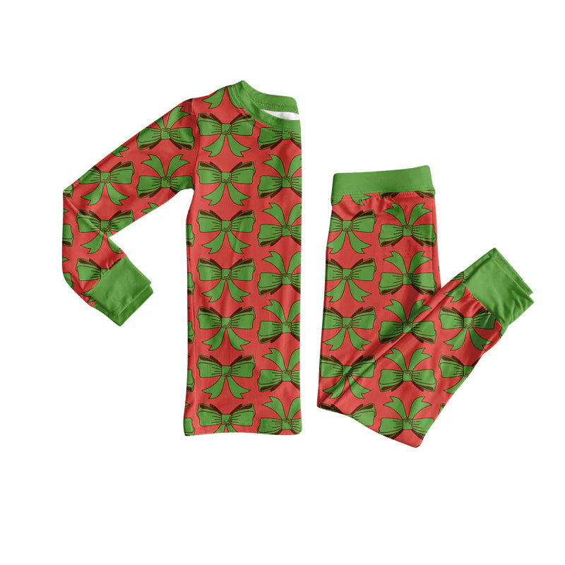 8.4Preorder (moq 5)Baby Girls Green Bows Plaid Top Pant Christmas Pajamas Set