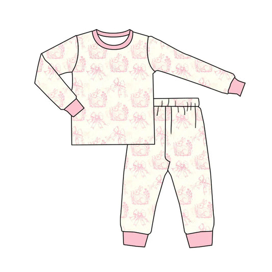 X924Preorder (moq 5)Baby Girls Pink Flowers Rabbits Top Pants Easter Pajamas Sets