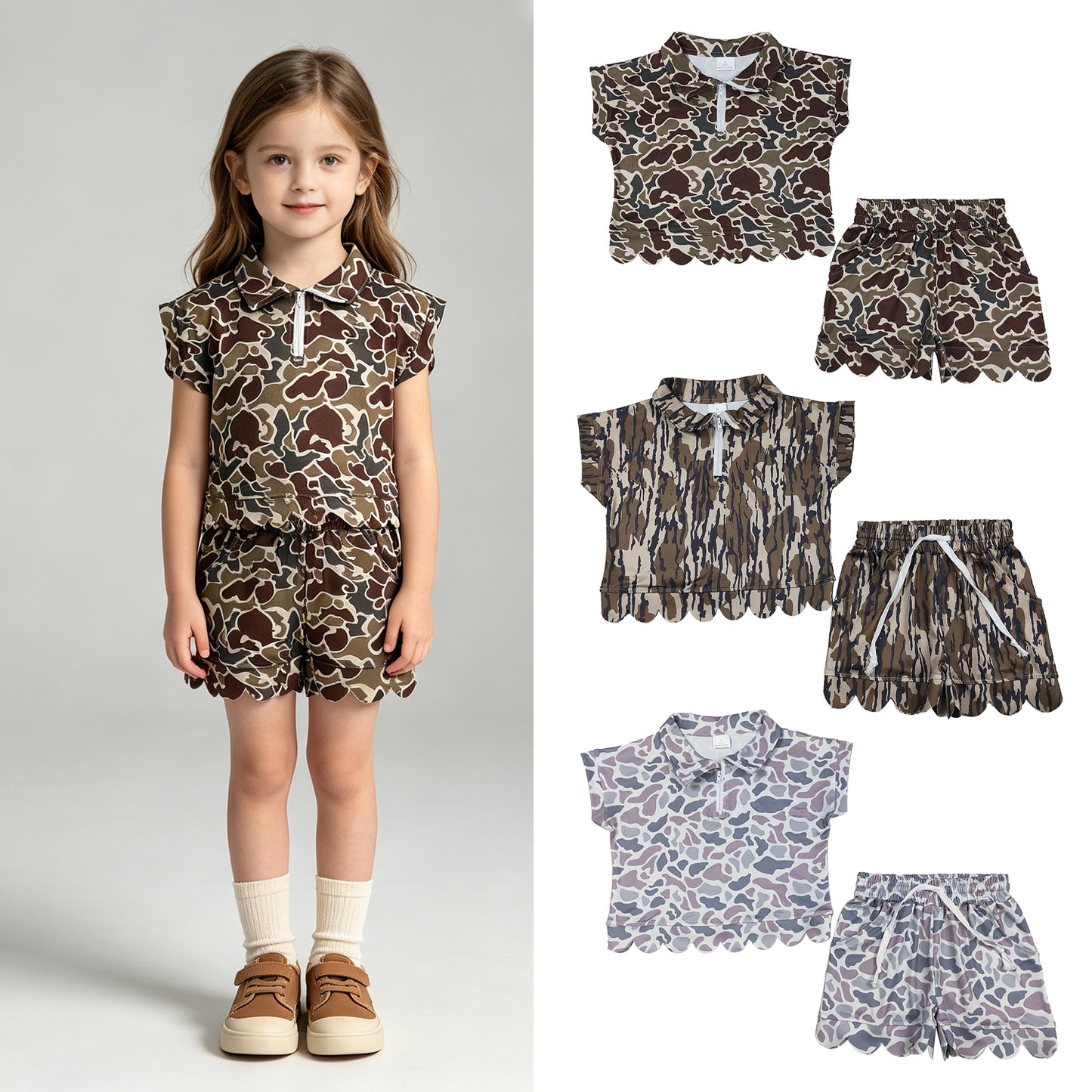 RTS NO MOQ Sibling milk silk Baby Girls Camo Print Zip Top Matching Scallop Edge Hem Shorts  Clothes Set