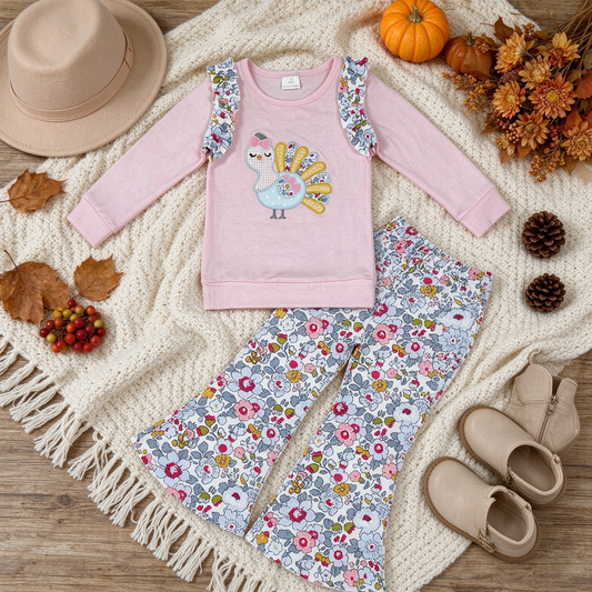 NEW RTS NO MOQ milk silk GLP3597 Embroidery Turkey Flowers Baby Girls Top Flare Pant Thanksgivings Clothes Sets