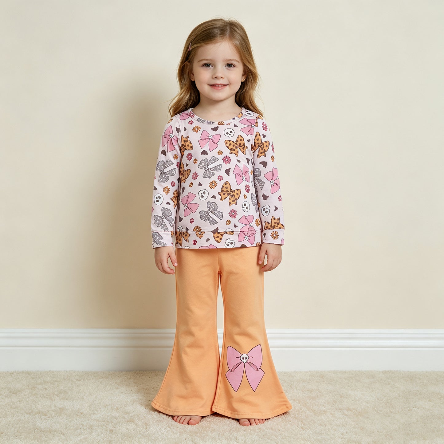 NEW RTS NO MOQ milk silk GLP3536 Baby Girls Bat Bows Ghosts Top Flare Pant Halloweens Casual Outfit