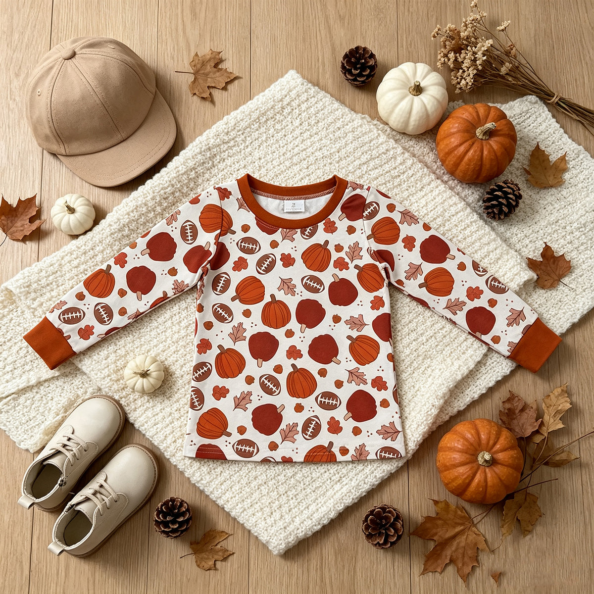 NEW RTS NO MOQ milk silk BT1928 Baby Boys Long Sleeve Footballs Pumpkins Leaves Fall T-shirts Top