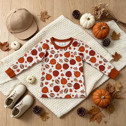 NEW RTS NO MOQ milk silk BT1928 Baby Boys Long Sleeve Footballs Pumpkins Leaves Fall T-shirts Top