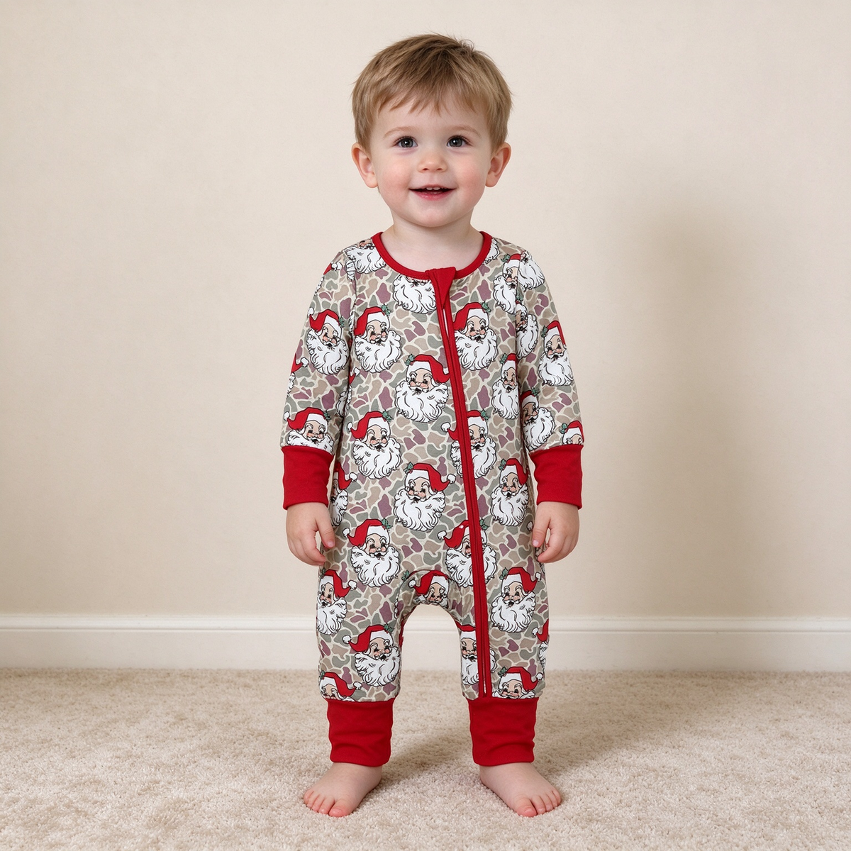NEW RTS NO MOQ milk silk LR3345 Baby Boys Khaki Camo Santa Christmas Two Way Zip Convertible Rompers