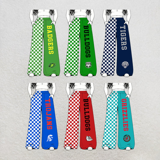 custom moq 5 mix size MSD0703 Baby Kids Mascot Logo Checkered Letter print  Patchwork Team Flare Pant Casual Bottom
