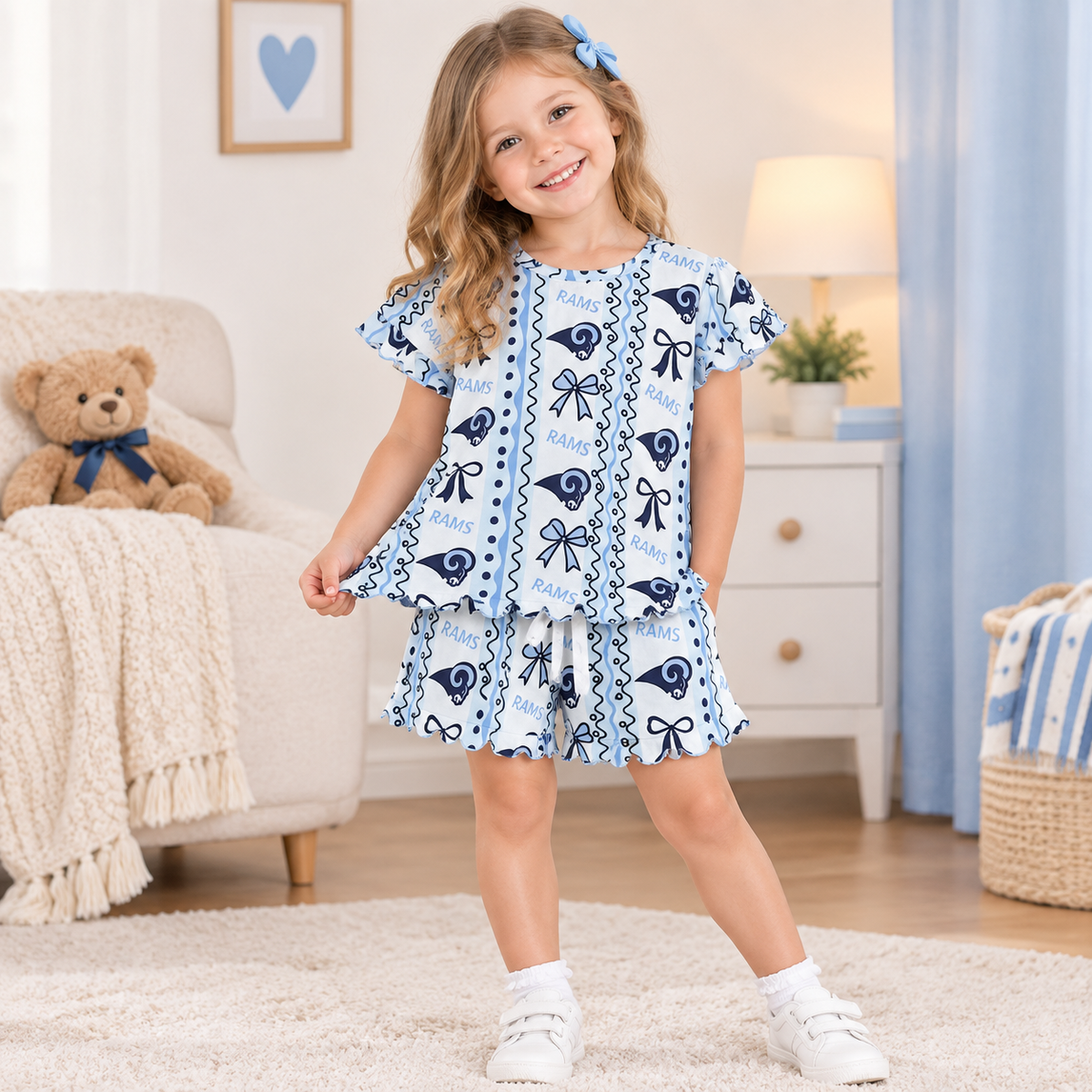 NEW RTS NO MOQ milk silk GSSO3853 Baby Girls Rams Bows Stripe Top Pockets Short Team Scallop Clothes Sets