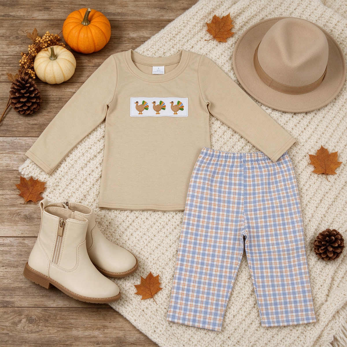 NEW RTS NO MOQ milk silk BLP1495 Embroidery Turkey Baby Boys Checked Pant Thanksgiving Clothes Sets